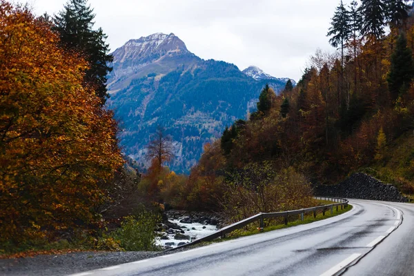 Vedere Scenică Drumului Prin Munții Toamnă Ziua Tulbure — Fotografie, imagine de stoc