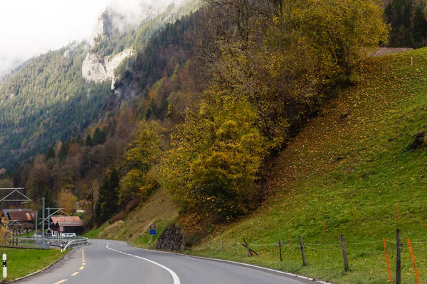 曇りの日の秋の山々を通る道路の風光明媚な眺め — ストック写真