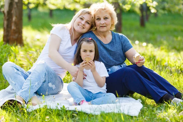 孩子吃冰淇淋与她的祖母和妈妈一起坐在绿色公园里 — 图库照片