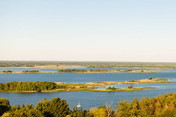 Picturesque panoramic view from the height on the touristic part of the Volga river near Samara city at summer sunny day.