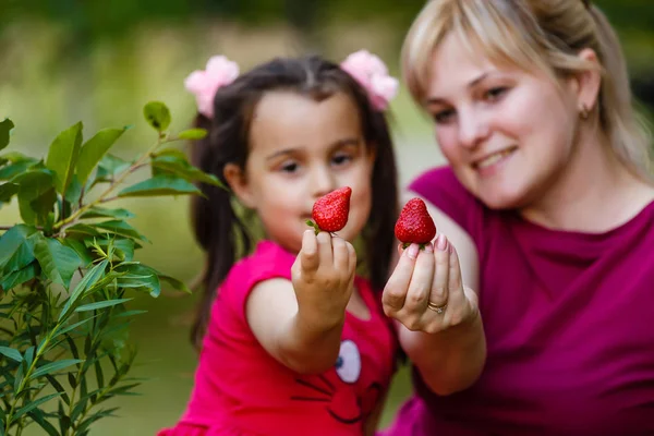 Portretul Vară Mamei Fericite Fiicei Mici Căpșuni Parc Frumos Verde — Fotografie, imagine de stoc