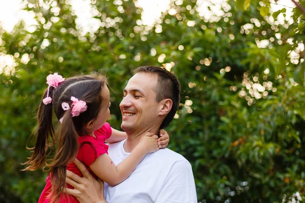 Happy Joyful Young Father His Little Daughter Having Fun Orchard — Stock Photo, Image