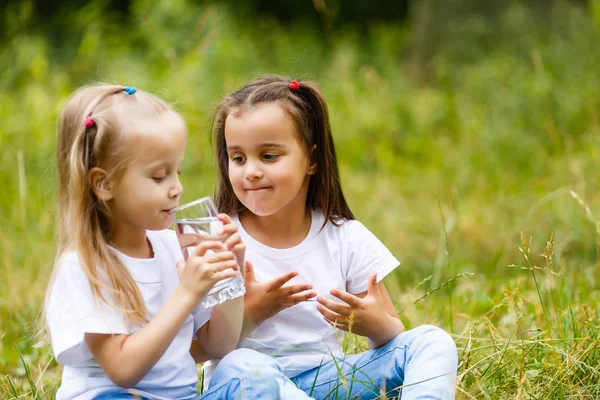 Two Little Girls Drinking Glass Water Green Park Concept Purity — Stock Photo, Image