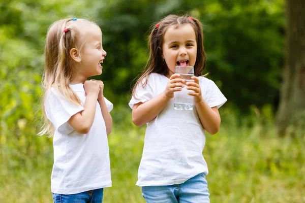 Дві Маленькі Дівчата Ють Склянку Води Зеленому Парку Концепція Чистоти — стокове фото