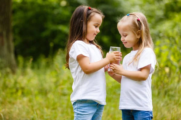 Two Little Girls Drinking Glass Water Green Park Concept Purity — Stock Photo, Image