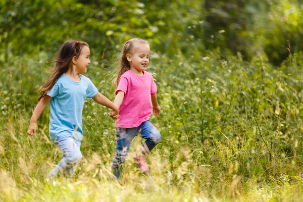 两个快乐的小女孩在绿色公园里手拉手奔跑 — 图库照片