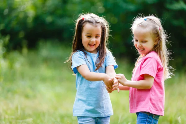 Дві Чарівні Маленькі Дівчата Розважаються Ловлячи Комах Літньому Лісі — стокове фото