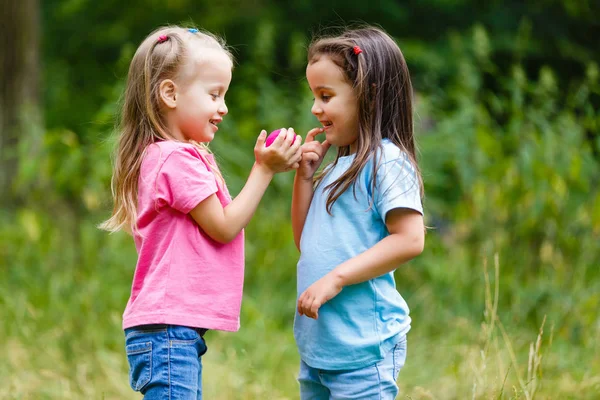 Dua Gadis Kecil Yang Manis Bersenang Senang Menangkap Serangga Hutan — Stok Foto