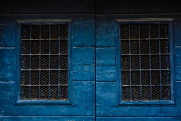 Small Window Rusted Iron Grill Blue Wooden Structured Wall — Stock Photo, Image