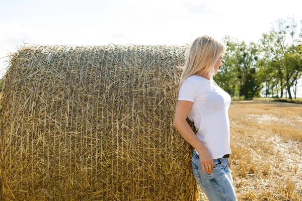 Attraente Giovane Donna Vicino Alle Pile Paglia — Foto Stock