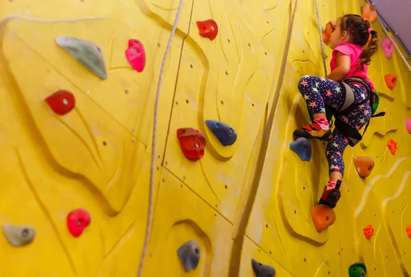 Kleines Mädchen Rosa Shirt Klettert Drinnen Einer Felswand — Stockfoto