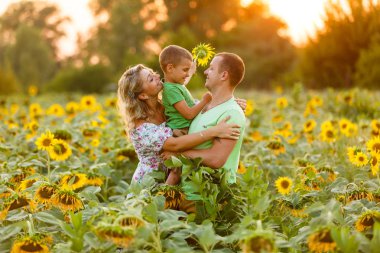 Küçük oğluyla iyi eğleniyor ayçiçeği alanında günbatımında genç Aile