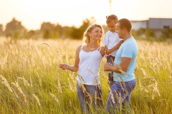 若い家族は歩いて 日没時緑の野原で良い時間を過ごしての息子と — ストック写真