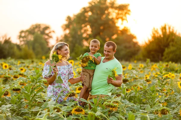 Jeune Famille Avec Petit Fils Ayant Bon Temps Dans Champ — Photo