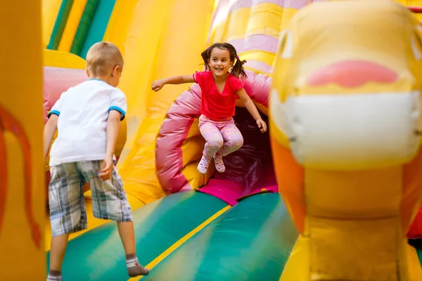 Joyful Little Girl Playing Trampoline — Stock Photo, Image