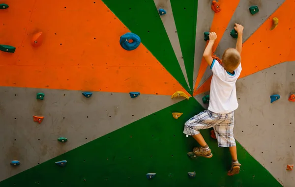 Determined Boy Practicing Rock Climbing Fitness Studio — Stock Photo, Image