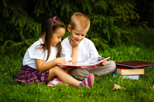 Twee Kinderen Lezingsboeken Zittend Groen Gras Park — Stockfoto