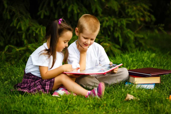 Dos Niños Leyendo Libros Sentados Sobre Hierba Verde Parque Imágenes de stock libres de derechos