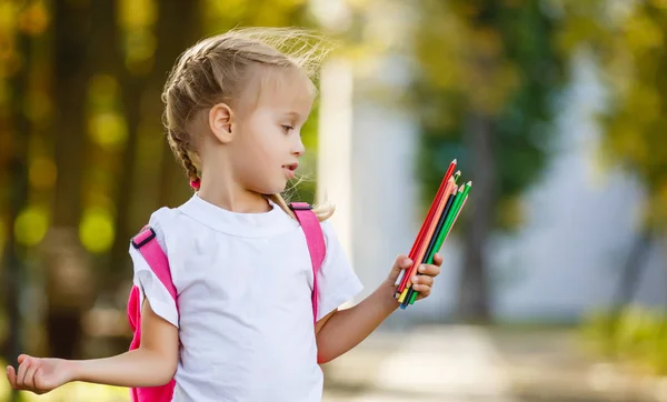Little Schoolgirl Backpack Pencils — Stock Photo, Image