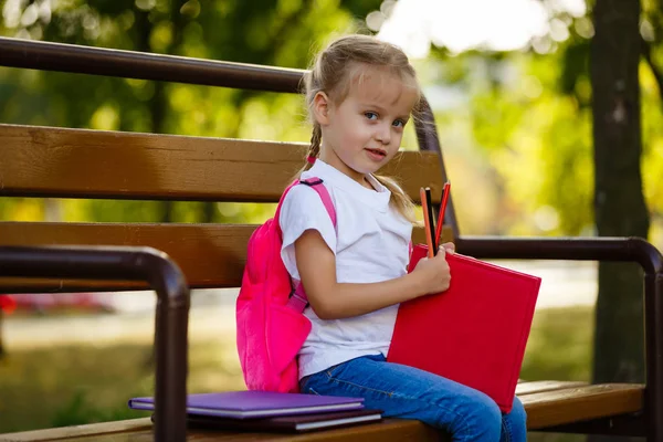 Schattig Meisje School Met Potloden Boeken Buiten — Stockfoto