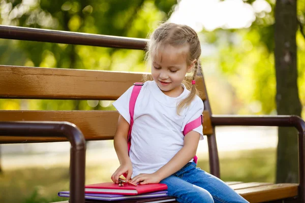 Kleines Schulmädchen Mit Rucksack Sitzt Auf Einer Bank Mit Einem — Stockfoto