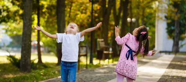 Happy Little Schoolgirls Having Fun Outdoor — Stock Photo, Image