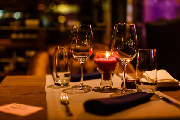 Two Wine Glasses Candle Light Prepared Restaurant — Stock Photo, Image