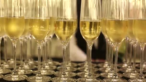 Close View Van Rijen Champagne Glazen Evenement — Stockvideo