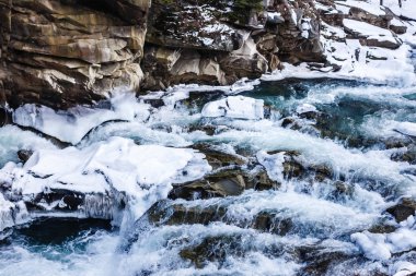 Donmuş ormanda vahşi rocky Nehri'nin doğal görünümü