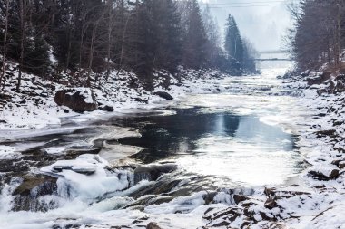 Donmuş ormanda vahşi rocky Nehri'nin doğal görünümü