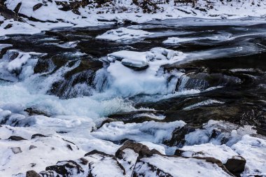 Donmuş ormanda vahşi rocky Nehri'nin doğal görünümü