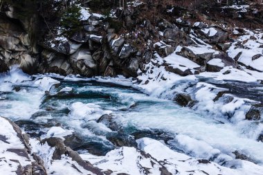 Donmuş ormanda vahşi rocky Nehri'nin doğal görünümü