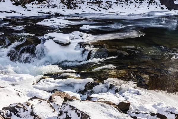 Vue Panoramique Rivière Rocheuse Sauvage Dans Les Bois Gelés — Photo