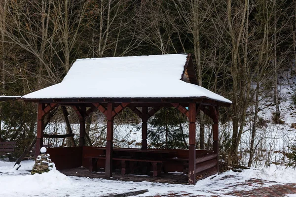 Winter Landscape Snow Covered Garden Arbor — ストック写真
