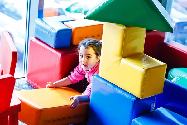 Girl Playing Covered Playground Trampoline Soft Foam Multi Colored Cubes — Stock Photo, Image