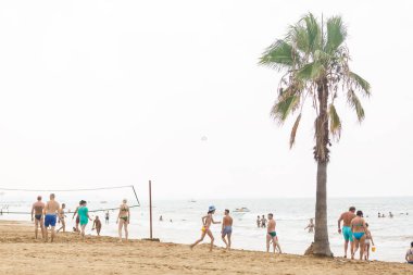Bir grup insan deniz kıyısında voleybol oynuyor. 