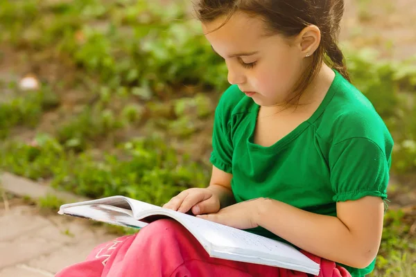 Kleines Mädchen Macht Hausaufgaben Auf Gras Grünen Frühlingspark — Stockfoto