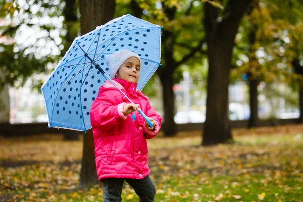 秋の公園で傘とピンクのレインコートで微笑む小さな女の子 — ストック写真