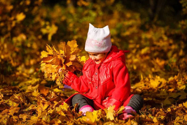 Szép Kislány Red Jacket Játszó Őszi Narancs Elhagyja Parkban — Stock Fotó