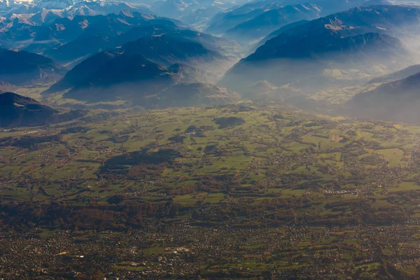 Panoramautsikt Över Schweiz Alperna Utsikt Från Flygplans Fönstret — Stockfoto