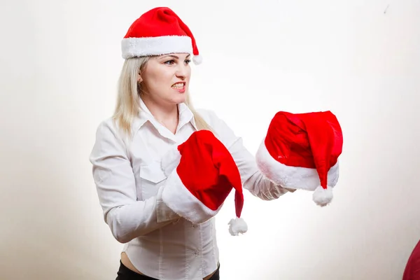Young Blonde Woman Holding Santa Claus Hats White Background — Stock Photo, Image