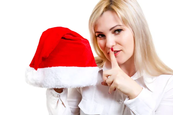 Young Blonde Woman Holding Red Santa Claus Hat White Background — Stock Photo, Image