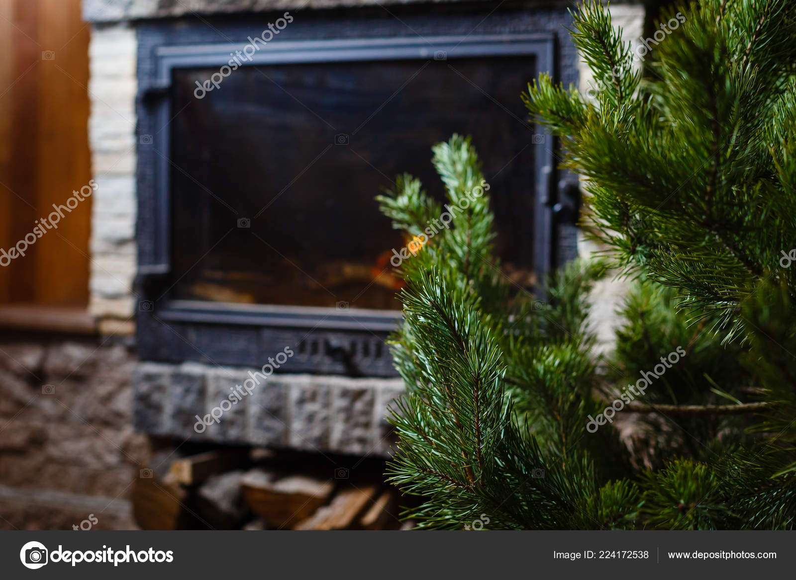 Close View Green Spruce Burning Fireplace Background Stock Photo