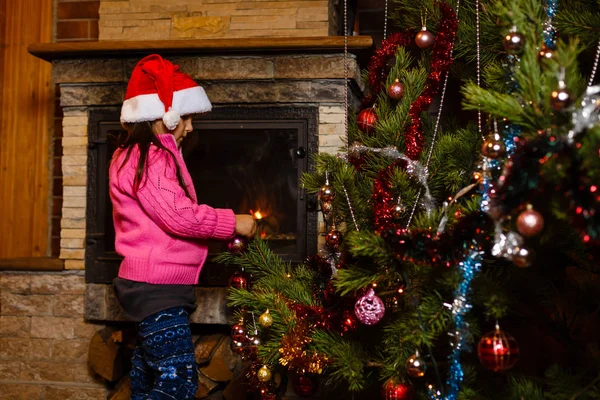 Little Girl Decorating Christmas Tree Light Baubles Candy Canes — Stock Photo, Image