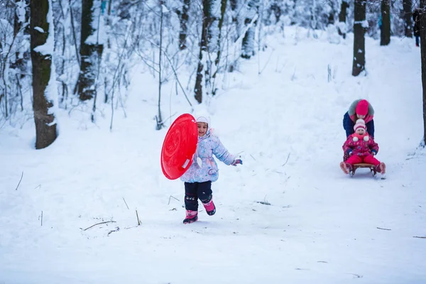 Happy Girl Playing Running Snowy Winter Park — Stock Photo, Image