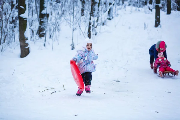 Happy Girl Playing Running Snowy Winter Park — Stock Photo, Image