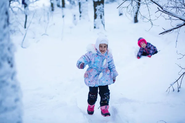 Happy Little Girls Playing Snow — Stock Photo, Image