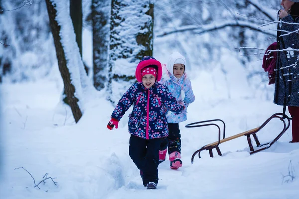 Szczęśliwe Małe Dziewczynki Bawiące Się Śniegu — Zdjęcie stockowe