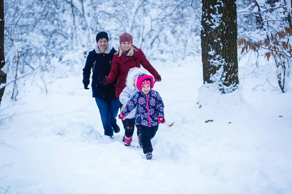 Bambine Che Divertono Con Madri Nel Parco Invernale — Foto Stock