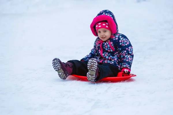 Kislány Szórakozás Havas Téli Parkban — Stock Fotó